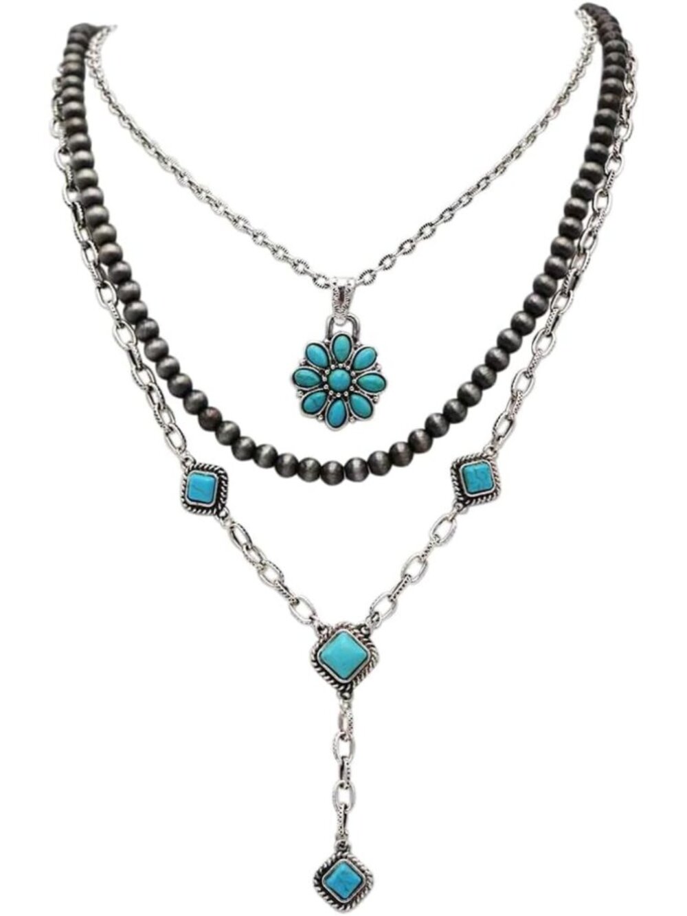 Boho Western Layering Necklace Set, Burnished Silver & Turquoise Howlite